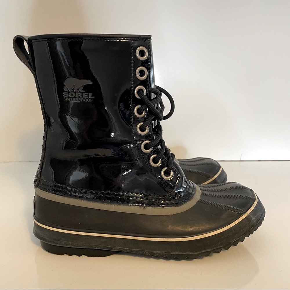 Sorel Dahlia Patent Leather Lace Up Waterproof Rain Boots 7 rain boot duck boot